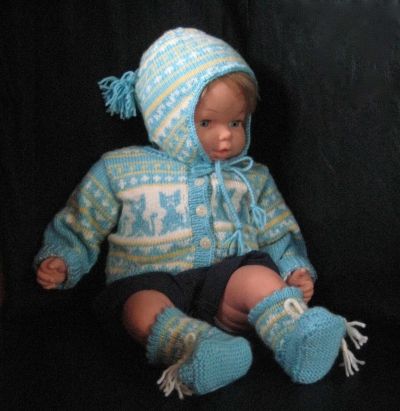 Baby Sweater with a CAT MOTIF, Hat and Booties set