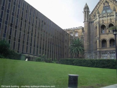 Modern meets history. A recent building fuses with the old bank building