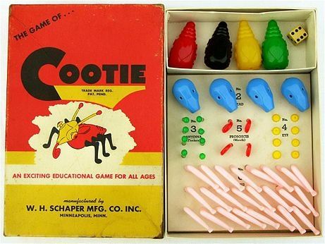 CootieA tabletop game for 4 children to play together.  Forming bodies out of plastic body parts.By Milton Bradley
