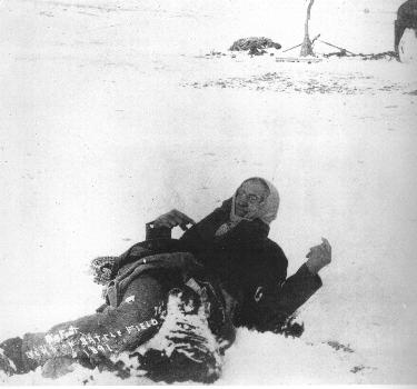 Miniconjou Chief Big Foot lies dead in the snow. He was among the first to die on December 29, 1890