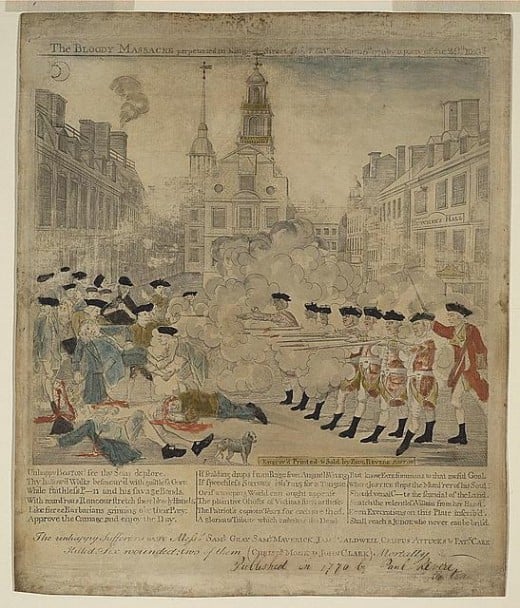 Engraving by Paul Revere of the Boston Massacre  (Photo courtesy of U.S. Library of Congress, Prints & Photographs Division,  reproduction number,[LC-DIG-ppmsca-01657])