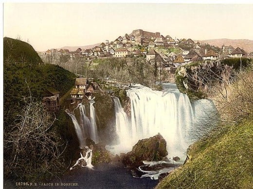 Town of Jajce in Bosnia which sits next to the Waterfall of the Pliva which falls 100 feet from Lake Jezero into the Vrbas  (Photo courtesy of U.S. Library of Congress, Prints & Photographs Division, reproduction number,[ LC-DIG-ppmsc-09306])