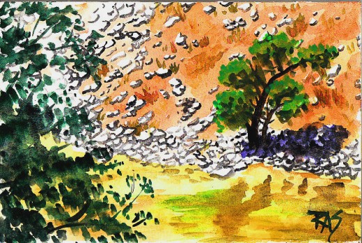 "Keene Ranch" watercolor from a challenge photo posted on WetCanvas by WC member "J" painted in Sakura Koi watercolors by Robert A. Sloan