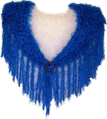 This shawl is made of Deep Blue fluffy yarn,  up to 110cm wide (around shoulders) x 45cm max. depth, including 18cm Deep Blue fringing, and sparkly crochet covered scarf clasp. Price $40.00  (Code 7c)