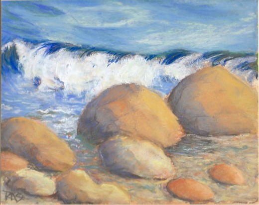 Waves and Rocks, 8" x 10" in soft pastels on watercolor paper primed with Colourfix clear sanded primer, by Robert A. Sloan.