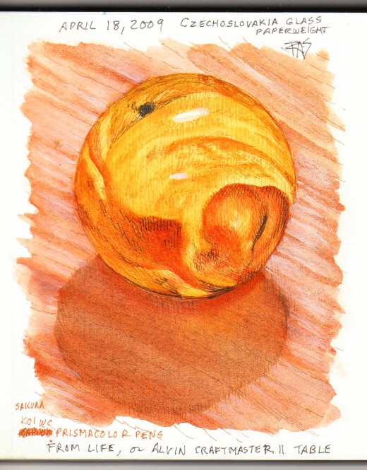 Orange glass paperweight from life in pen & watercolor from my watercolor journal, by Robert A. Sloan
