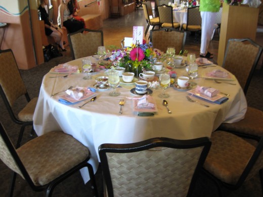 Elegant table setting for the tea party and fashion show at Hacienda del Sol in Tucson, AZ