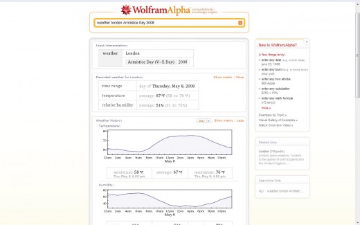 The results page retrieved when searching for the weather on Armistice Day 2008 in London using Wolfram Alpha.