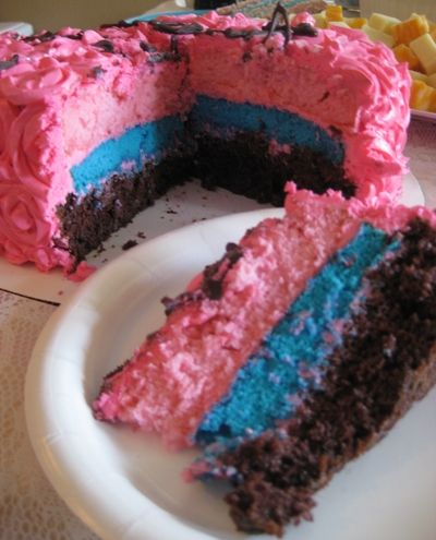 pink blue chocolate layer cake