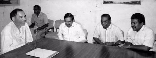V. Prabhakaran with Rajiv Gandhi, Anton Bakasingham, Panruti Ramachandran .