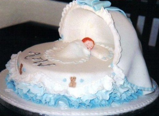 Cradle Christening Cake - magazine design - the baby was plastic, but everything else crafted from sugar paste