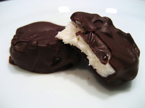 Photograph of a homemade Peppermint Pattie.  Photo courtesy of little blue hen on flickr.