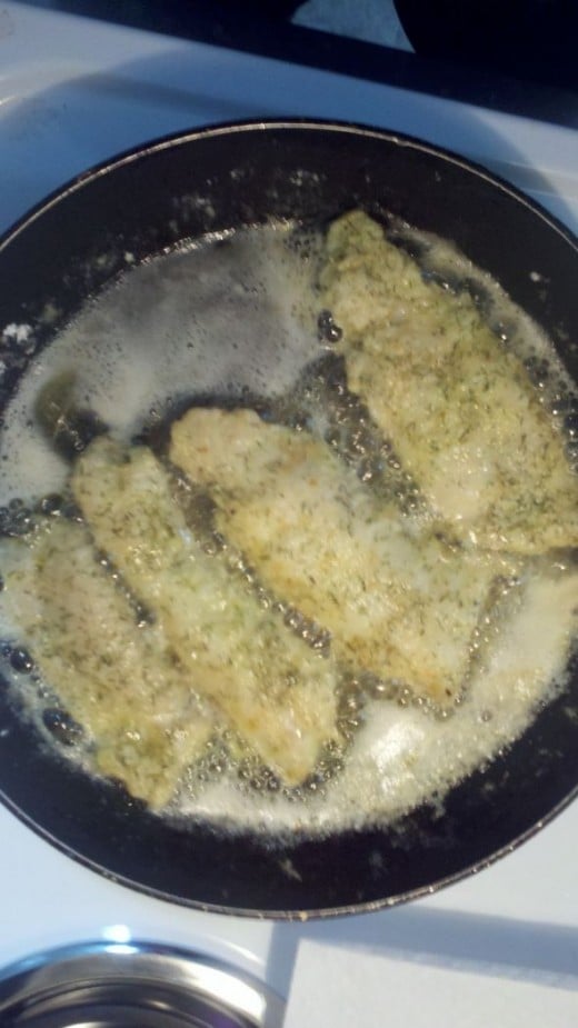 Careful not to burn the breading, if it gets too hot the dill flavor will be masked by the burnt flour