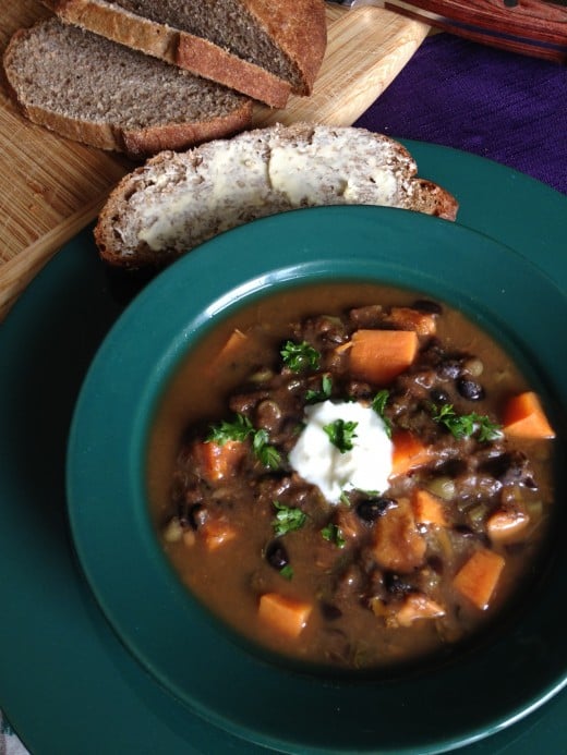 Black Bean and Sweet Potato Soup, made mostly with leftovers in the fridge, served with homemade whole grain bread - Recipe later on this page