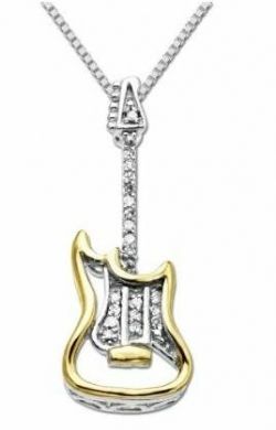 Sterling Silver and 14k Yellow Gold Guitar and Diamond Pendant