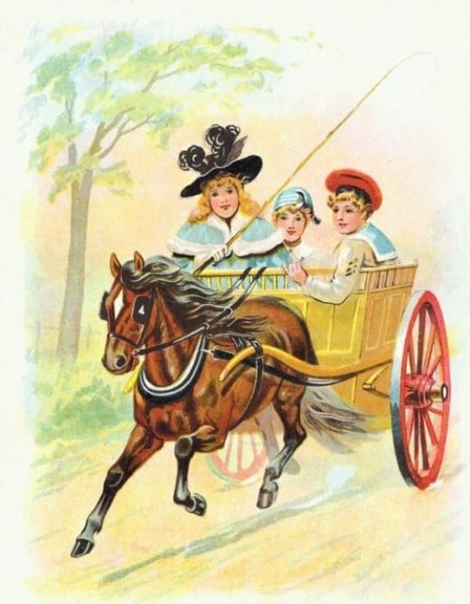 This horse is pulling a cart with two children out for a joy ride. See the link below to download this image.Courtesy of Reusable Art.
