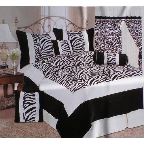 Queen Size Imperial 7 Piece Black / White Zebra Style Comforter Set Plus a Pair Window Curtains