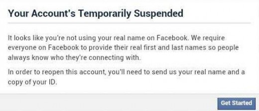 This is the screen users get when they try to sign on with what Facebook deems to be a fake name.