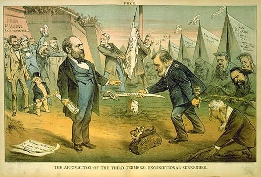 After Grant was defeated for the nomination, this cartoon was published showing Grant giving up his sword to Garfield just like Robert E. Lee gave up his sword at Appomattox.