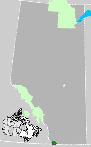 Map location of Waterton Lakes National Park, Alberta, Canada (in dark green)