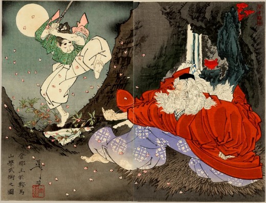 Yoshitoshi Sojobo instructs Yoshitsune in the sword. Public domain.