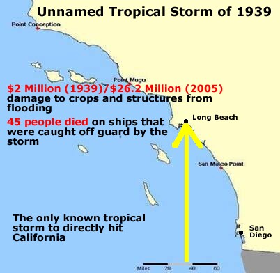 Path and damage of the famous 1939 tropical storm that hit southern California