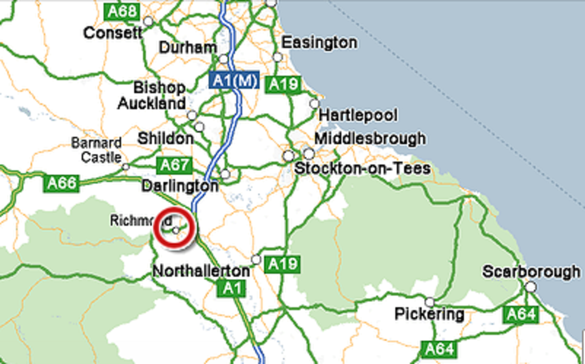 Richmond -  circled in red in North Yorkshire, close to County Durham and the main A1(M)