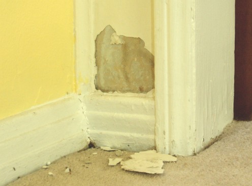 An old section of wall that needs recaulking, spackling, and painting after the carpet flooded. As you can see from the crack in the baseboard joint, the previous caulking wasn't good enough to prevent the wall from absorbing moisture.