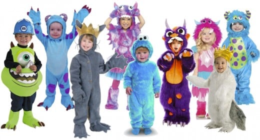 L to R: Disney’s Mike Candy Catcher, Monsters University Sulley, Where the Wild Things Are Monster, Polka Dot Monster, Light-up Cookie Monster, Morris the Monster, Sweetheart Monster, Max (Where the Wild Things Are), and Fun World Li’L Monster. 