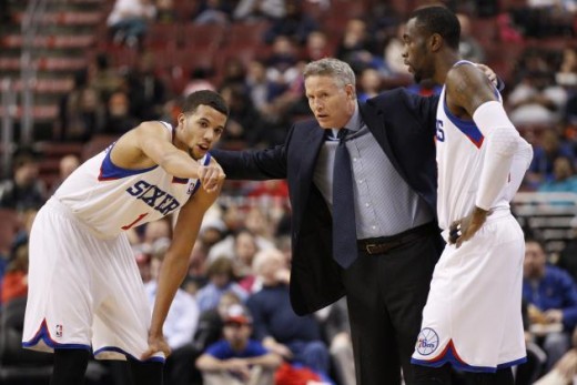 Coach Brown leads guards Michael Carter-Williams and Tony Wroten