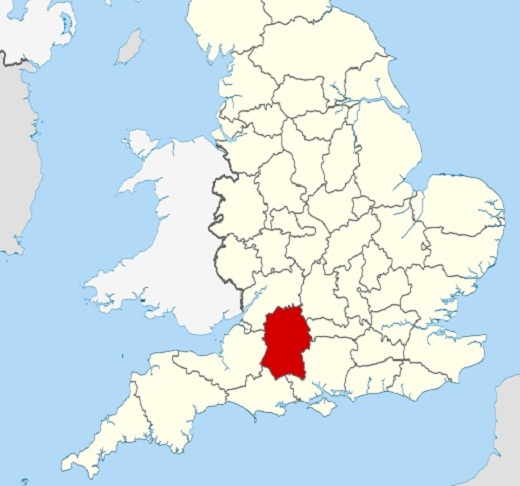 The county of Wiltshire shown in red on this map of England and Wales