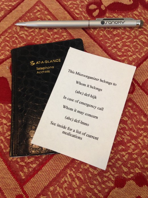 First page with smaller font size for a shirt pocket size address book