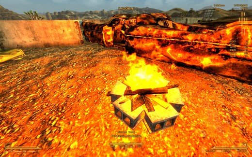 Deployed campfire (that glows) along with bedroll