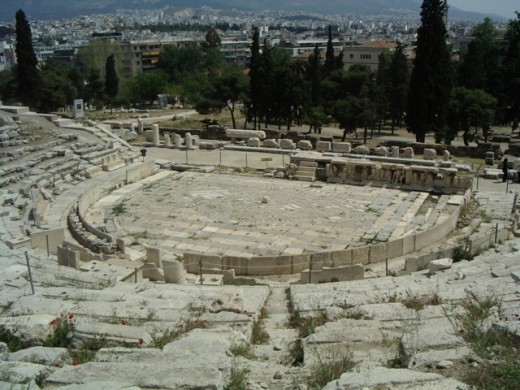 Theater of Dionysos, Athens, slope of the Acropolis. The pavement is Roman-period, but this is the theater where all Aeschylus' plays were originally performed for the festival of Dionysos.