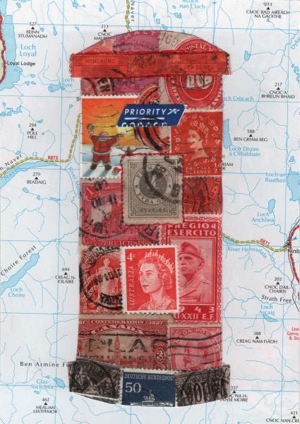 Handmade postcard from postage stamps and a piece of a map.