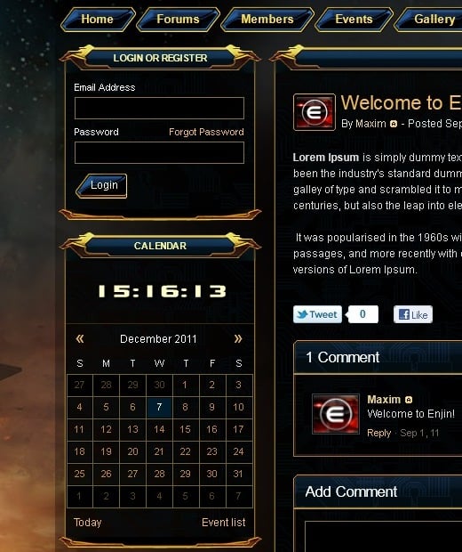 An example of guild website themes at Enjin, "SWTOR Gold Blue" is available for selection in the members area. 