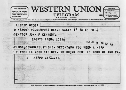 The irrespressible Harpo Marx sent this telegram message to JFK on July 14, 1960, offering congratulations, asking if the President needed a harp player in his new Cabinet, and sending his regards to "Ma and Pa" Kennedy.