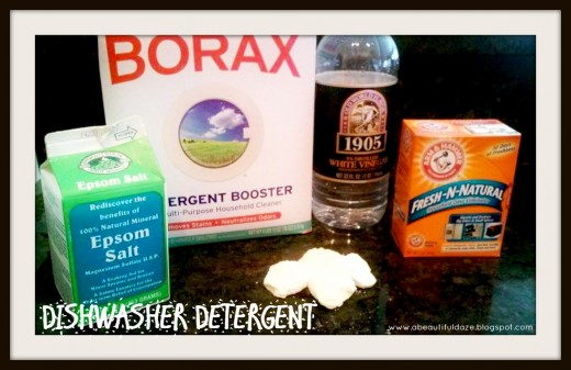 The ingredients for dishwasher detergent: Epsom salt, Borax, White Vinegar, Baking Soda and Homemade Lemon Essential Oil tablets. Most items were purchased at the local $1 store.