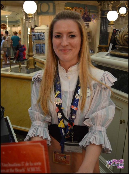 Disney cast members wear a lanyard of pins that can be traded with guests. 