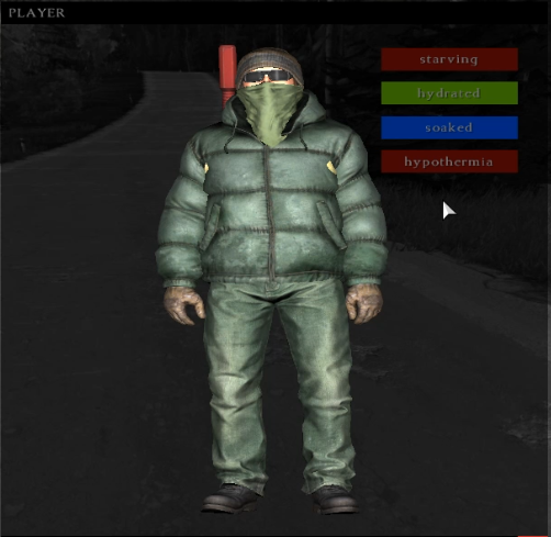 Hypothermia is indicated by a dark red bar in the player interface.