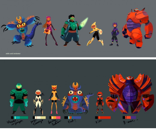 Production designs for the main characters of Big Hero 6.