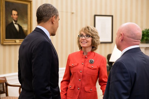President Barack Obama with former Representative Gabrielle “Gabby” Giffords and her husband, former NASA astronaut Mark Kelly, in the Oval Office after they testified at a Senate Judiciary Committee hearing on gun violence on 30 January 2013.