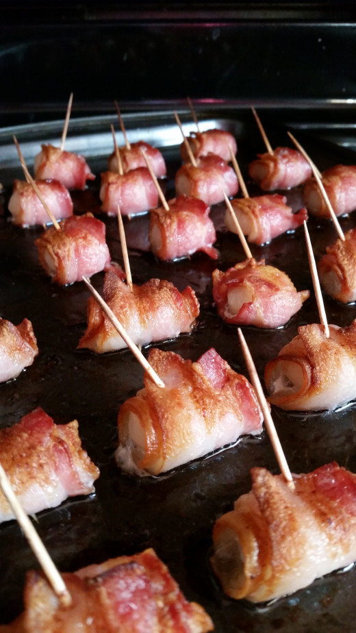 Bacon wrapped water chestnuts, crisp from the broiler