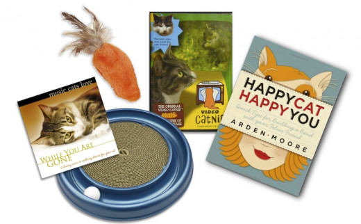 Shown Above: Music Cats Love: While You Are Gone (CD), Bergan Turbo Scratcher Cat Toy (Asst. Colors), Kong Feather Top Carrot Catnip Toy, Video Catnip DVD, Happy Cat Happy You by Arden Moore. Available at