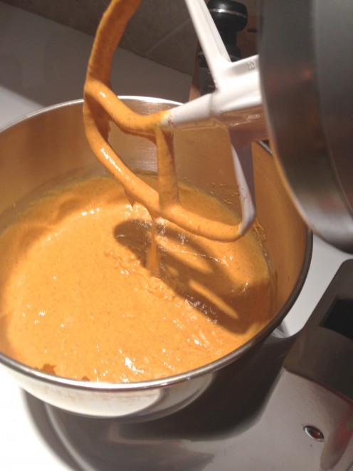 Pumpkin batter...creamy and light orange once all ingredients are mixed. Pumpkin batter...creamy and light orange once all ingredients are mixed.
