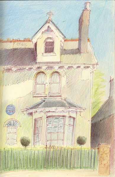 'Fernlea' in Cookham, birthplace and childhood home of Stanley Spencer.  11.5" x 8.5", pen and sepia ink and coloured pencil sketch in Daler Rowney sketchbook copyright Katherine Tyrrell