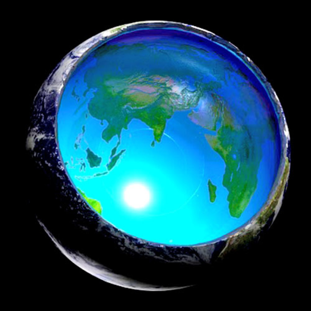 Cette vue en coupe de notre planète montre le soleil intérieur et les continents à l'intérieur de notre planète.