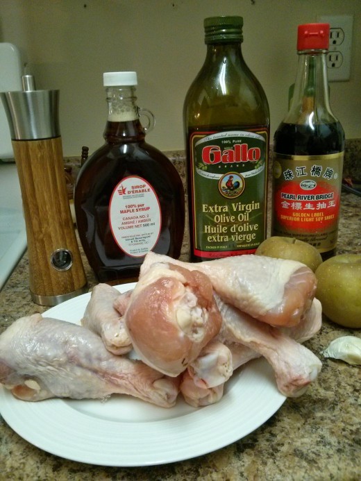 pepper, maple syrup, oil, soya sauce, garlic, apples, chicken drumsticks