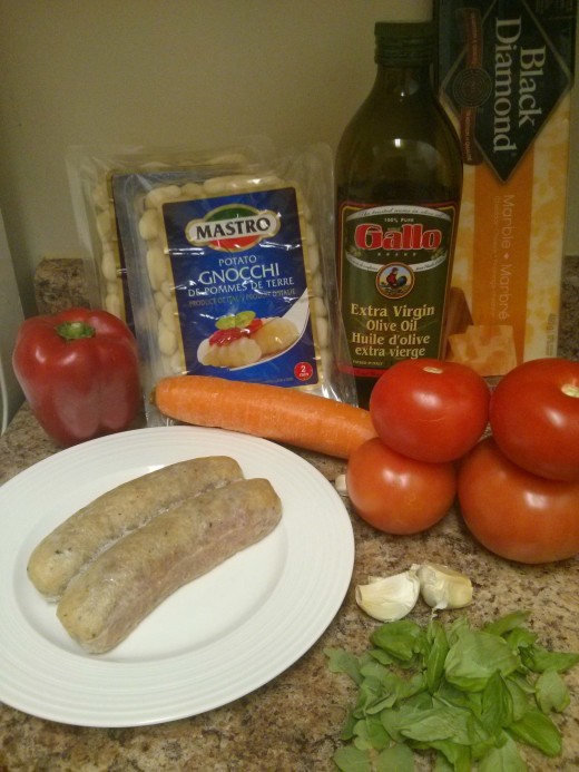Red Pepper, Gnocchi, Olive Oil, Cheese, Carrot, Sausage, Tomatoes, Garlic, Herbs, Black Pepper