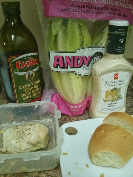 Olive oil, lettuce, chicken, caesar dressing, bread
